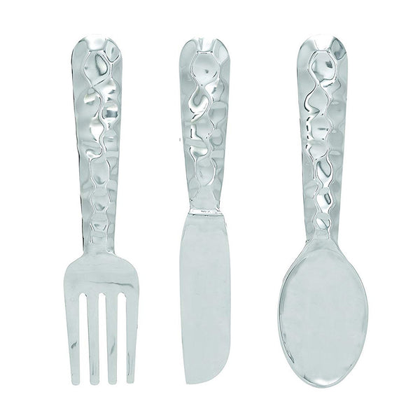 Artistic Cutlery Wall Decor In Metal, Set of Three, Silver-Decoratives Objects and Figurines-Silver-Metal-Textured-JadeMoghul Inc.