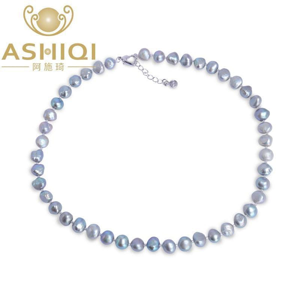 ASHIQI Black/Gray Baroque pearl Necklace 9-10mm Real Natural Freshwater pearl jewelry for women gift-Gray-40cm-JadeMoghul Inc.