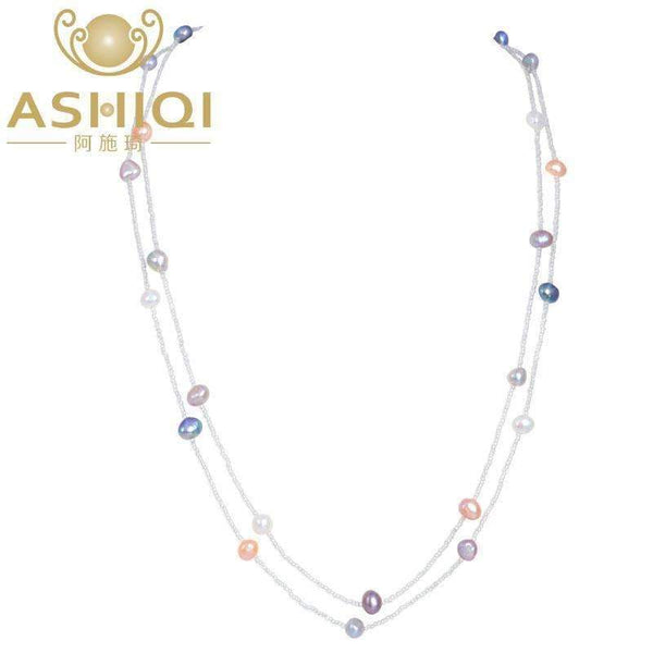 ASHIQI Multi Color Baroque Pearl Necklace 7-8 mm Natural Freshwater Pearl Long Necklace 925 sterling silver clasp Beach Style--JadeMoghul Inc.