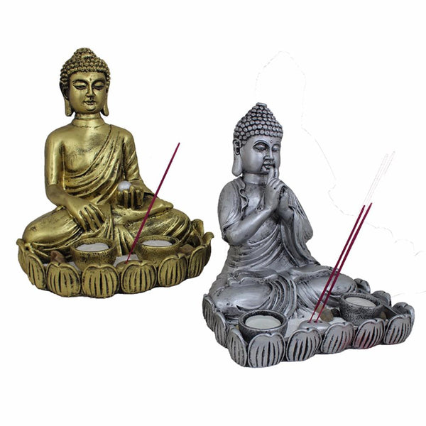 Assortment Of 2 Buddha Statues, Gold And Silver-Decorative Objects and Figurines-Gold And Silver-Polyresin-JadeMoghul Inc.