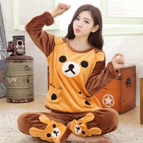 Autumn and Winter Women Pyjamas Sets Thick Warm Coral Velvet Suit Flannel Long Sleeve Female Cartoon Bear Animal Pants Sleepwear-A 15 Yello bear-M-JadeMoghul Inc.