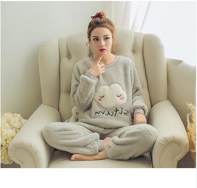 Autumn and Winter Women Pyjamas Sets Thick Warm Coral Velvet Suit Flannel Long Sleeve Female Cartoon Bear Animal Pants Sleepwear-A 22 Gray Clouds-M-JadeMoghul Inc.