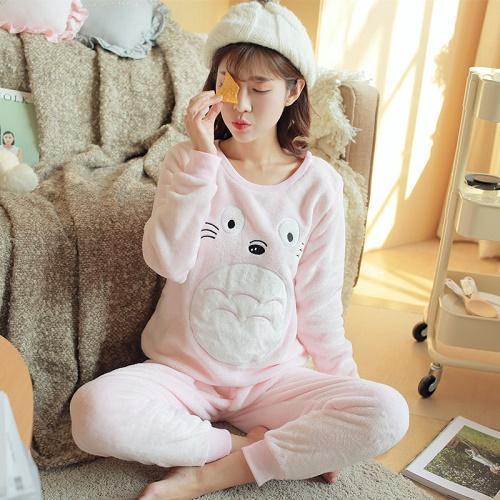 Autumn and Winter Women Pyjamas Sets Thick Warm Coral Velvet Suit Flannel Long Sleeve Female Cartoon Bear Animal Pants Sleepwear-A 29 Pink Totoro-M-JadeMoghul Inc.