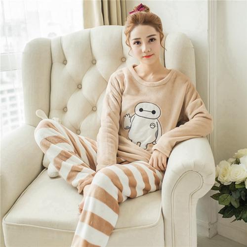 Autumn and Winter Women Pyjamas Sets Thick Warm Coral Velvet Suit Flannel Long Sleeve Female Cartoon Bear Animal Pants Sleepwear-A 3 Baymax-M-JadeMoghul Inc.