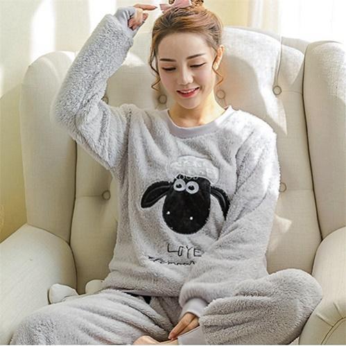 Autumn and Winter Women Pyjamas Sets Thick Warm Coral Velvet Suit Flannel Long Sleeve Female Cartoon Bear Animal Pants Sleepwear-A 7 Gray sheep-M-JadeMoghul Inc.
