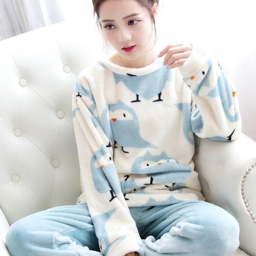 Autumn and Winter Women Pyjamas Sets Thick Warm Coral Velvet Suit Flannel Long Sleeve Female Cartoon Bear Animal Pants Sleepwear-A Blue-M-JadeMoghul Inc.