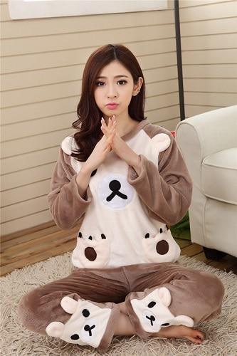Autumn and Winter Women Pyjamas Sets Thick Warm Coral Velvet Suit Flannel Long Sleeve Female Cartoon Bear Animal Pants Sleepwear-A Brown bear-XL-JadeMoghul Inc.