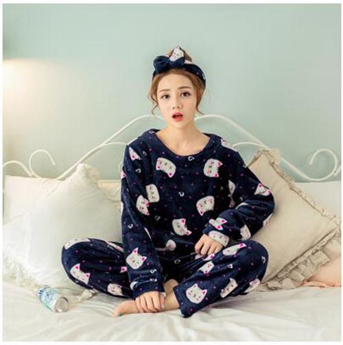 Autumn and Winter Women Pyjamas Sets Thick Warm Coral Velvet Suit Flannel Long Sleeve Female Cartoon Bear Animal Pants Sleepwear-A Cat-XL-JadeMoghul Inc.