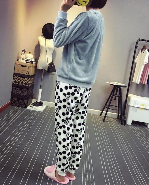 Autumn and Winter Women Pyjamas Sets Thick Warm Coral Velvet Suit Flannel Long Sleeve Female Cartoon Bear Animal Pants Sleepwear-A Gray Micky-M-JadeMoghul Inc.