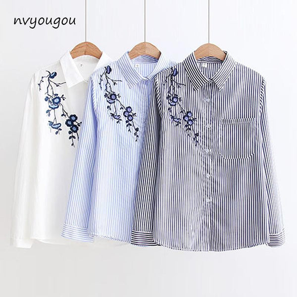 Autumn Floral Embroidery White Long Sleeve Women Blouses Blue Striped Shirt Cotton Casual Women Tops blusas mujer de moda 2018-black-S-JadeMoghul Inc.