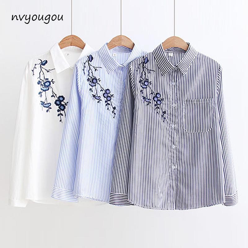 Autumn Floral Embroidery White Long Sleeve Women Blouses Blue Striped Shirt Cotton Casual Women Tops blusas mujer de moda 2018-black-S-JadeMoghul Inc.