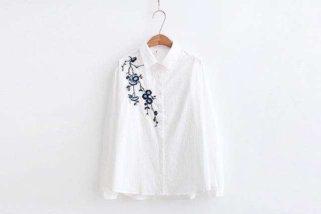 Autumn Floral Embroidery White Long Sleeve Women Blouses Blue Striped Shirt Cotton Casual Women Tops blusas mujer de moda 2018-white-S-JadeMoghul Inc.