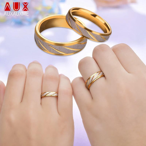 Auxauxme Titanium Steel Engrave name Lovers Couple Rings Gold Wave Pattern Wedding Promise Ring For Women Men Engagement Jewelry AExp