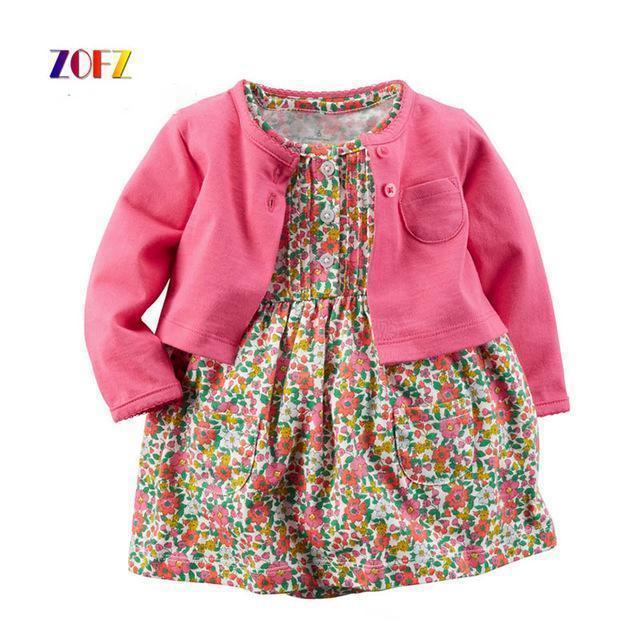 ZOFZ New baby Girl Dress Regular O-Neck 2pcs Dresses for Girls Cotton Floral Dresses with Long Sleeve Cardigan Baby Girl Clothes