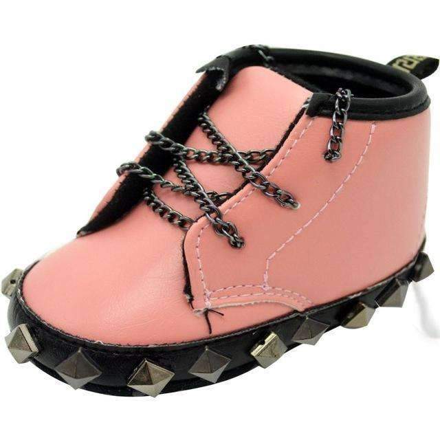 Baby Boy Rivet Detailed Biker Boots With Metal Chain Laces-Pink-1-JadeMoghul Inc.