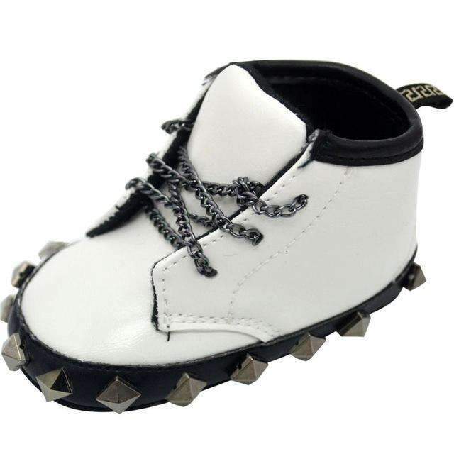 Baby Boy Rivet Detailed Biker Boots With Metal Chain Laces-White-1-JadeMoghul Inc.