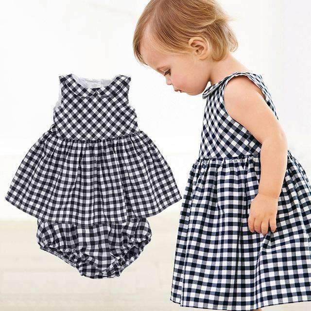 Baby clothes Fashion Blue baby suits Baby kerchief+ sleeveless dress+ gingham plaid pant New arrived free shipping baby clothes-black-6M-JadeMoghul Inc.