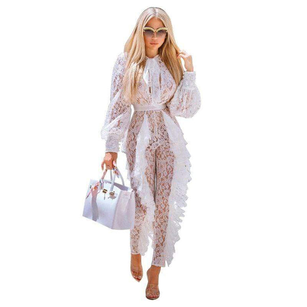 Baby Clothing Sexy Party Queen Women See-through Ruffle Lace Fabric Jumpsuits TIY