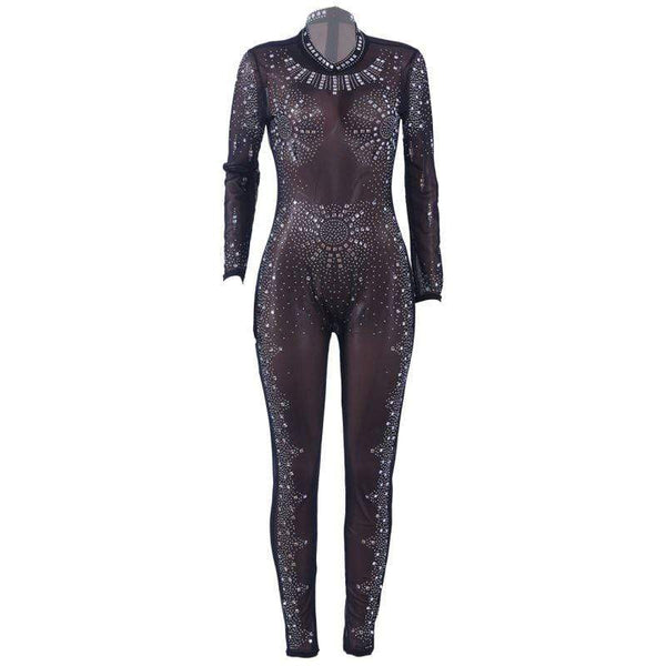 Baby Clothing Sexy See-through Mesh Fabric Unique Rhinestone Fixed Design Women Jumpsuits TIY