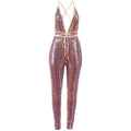 Baby Clothing Sexy Women Deep V Neck Rainbow Color Stripes Sequin Decor Lace-up Jumpsuits TIY