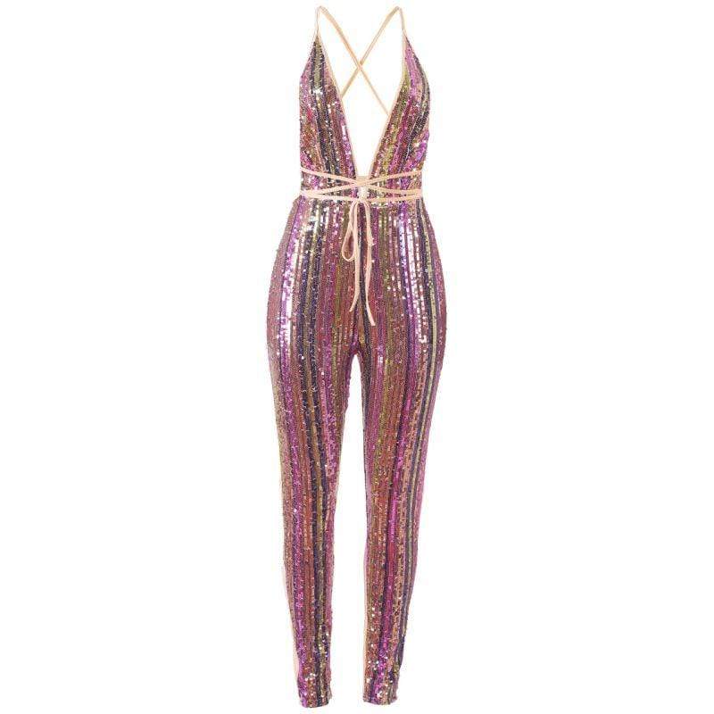 Baby Clothing Sexy Women Deep V Neck Rainbow Color Stripes Sequin Decor Lace-up Jumpsuits TIY