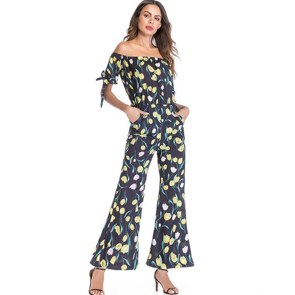 Baby Clothing Sexy Women Off Shoulder Floral Print Chiffon Culottes Jumpsuits TIY