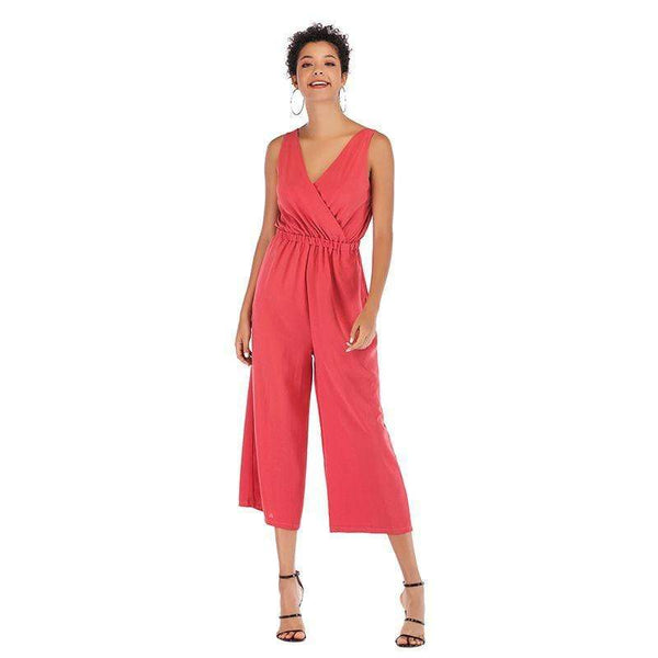 Baby Clothing Solid Color Casual Surplice V Neck Sleeveless Women Jumpsuits TIY