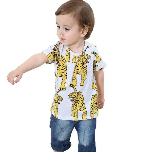 Supplying Boys Cotton White Short Sleeve Round Neck Orange Tiger Printed T Shirts