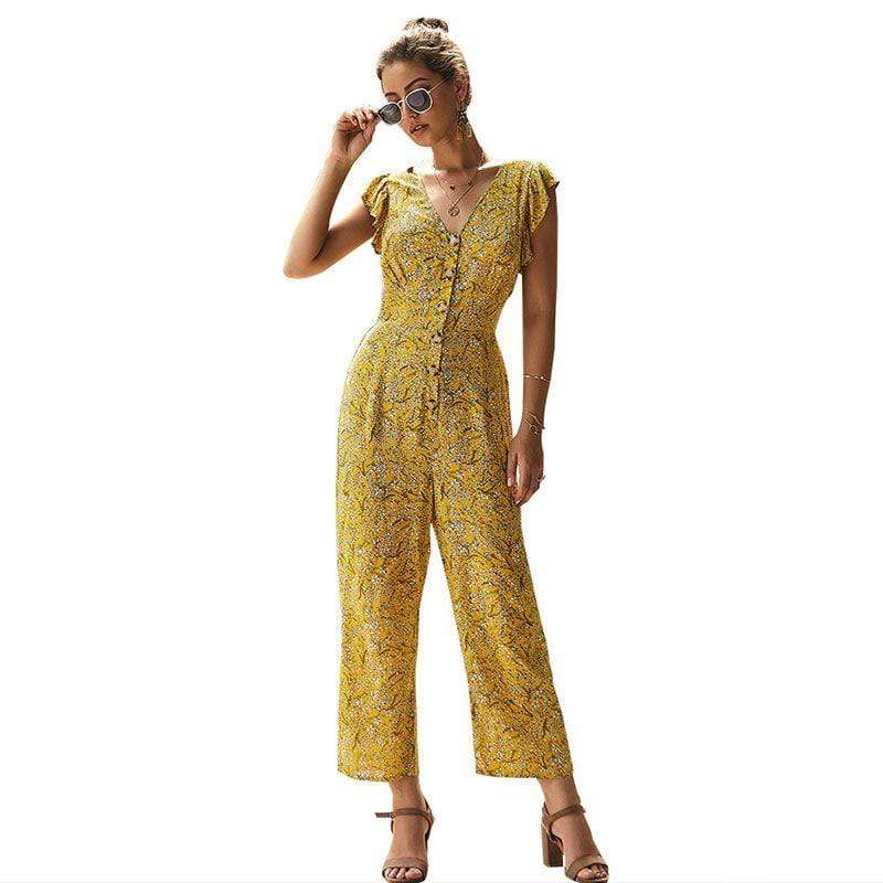 Sweet Ruffled Sleeveless Tiny Flower Print Buttoned Jumpsuits