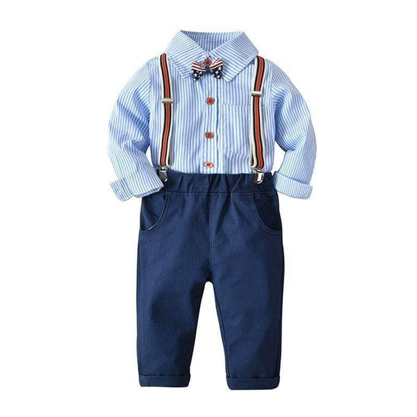 Toddler Boys Cotton Blue Tops And Navy Blue Pants With Suspender Little Gentleman Clothing Set