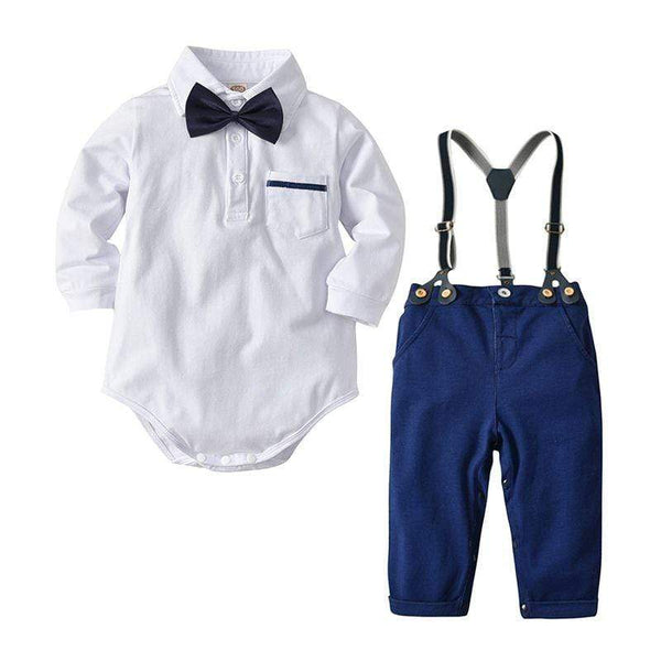 Toddler Boys Cotton Bow-tie White Shirts And Navy Blue Pants With Suspender Set