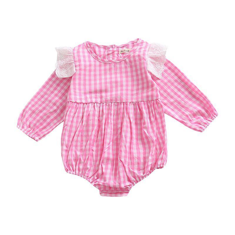 Toddler Girls Long Sleeves Cotton Pink Plaid Printed Bodysuit