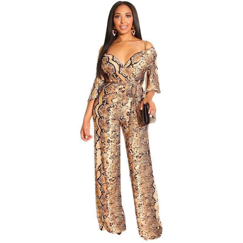 Baby Clothing V Neck Snakeskin Print Wrapped Sash Jumpsuits TIY