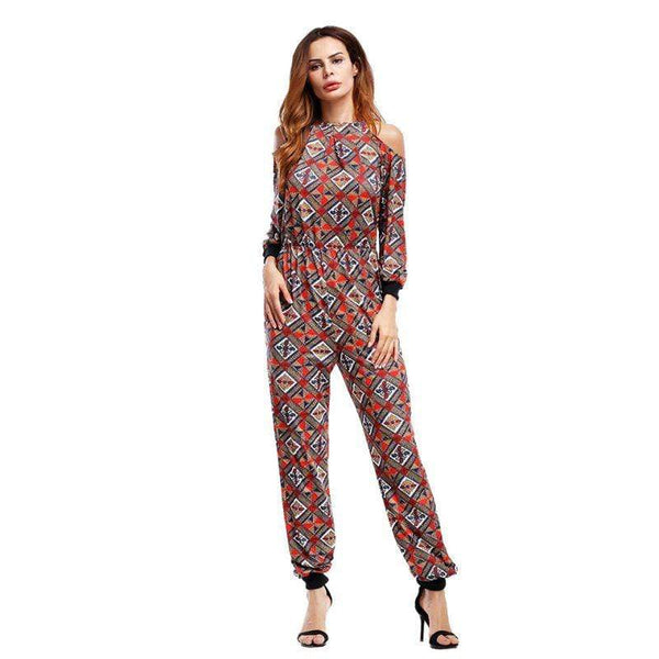 Baby Clothing Vintage Geometric Print Women Off-the-shoulder Long-sleeve Jumpsuits TIY