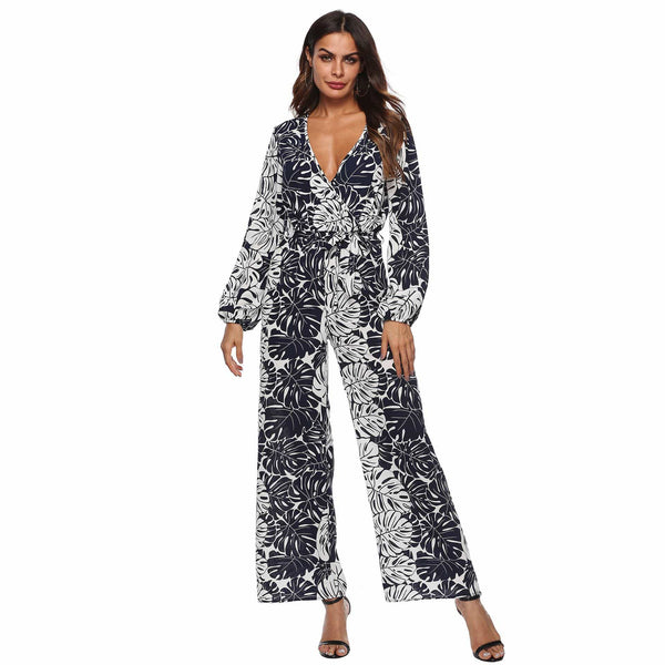 Baby Clothing Vintage Women Long-sleeve Deep V Neck Chiffon Jumpsuits TIY