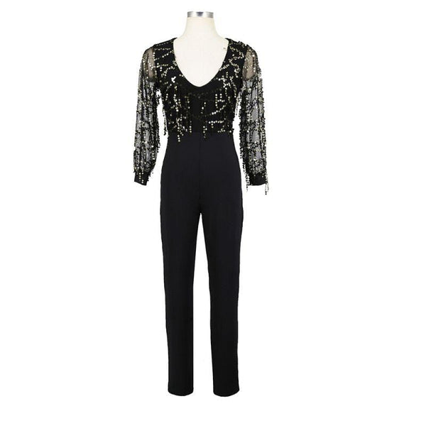 Women See-through Mesh Long-sleeve Tassel Decor Sequin Party Jumpsuits