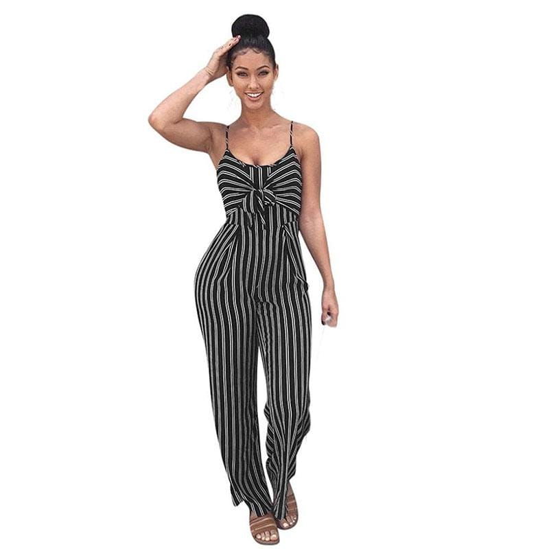 Women Sexy Spaghetti Strap Low-cut Stripes Print Knotted Jumpsuits