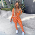 Women Sexy Tight Pattern Classic Stripes Print Long-sleeve Jumpsuits