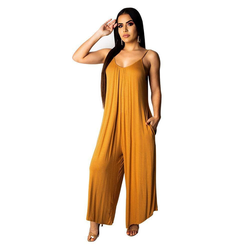 Women Solid Color Casual Loose Pattern Wide-leg Jumpsuits