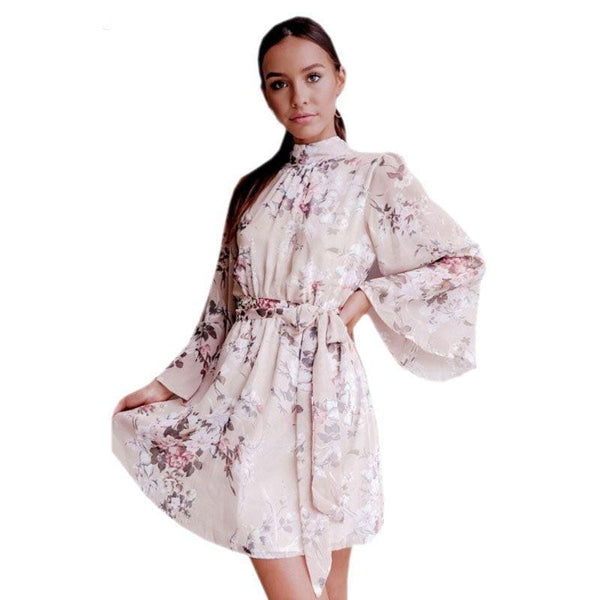 Women Stand Collar Flare Sleeve Floral Print Chiffon Sash Rompers