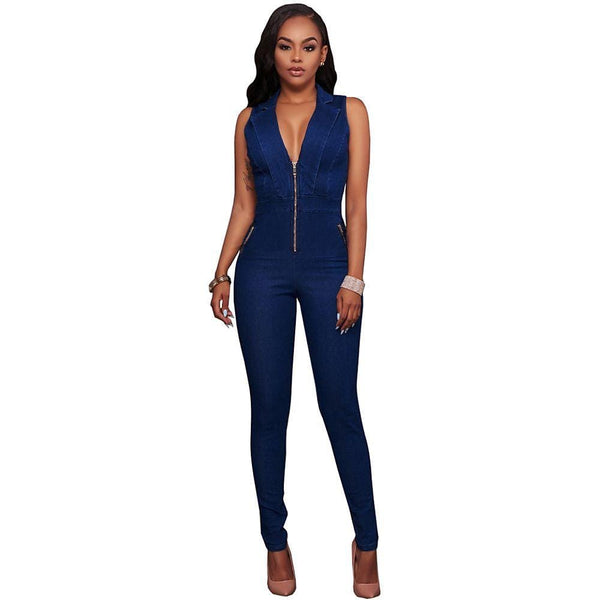 Women Unique V neck Sleeveless Denim Design Slim Jumpsuits