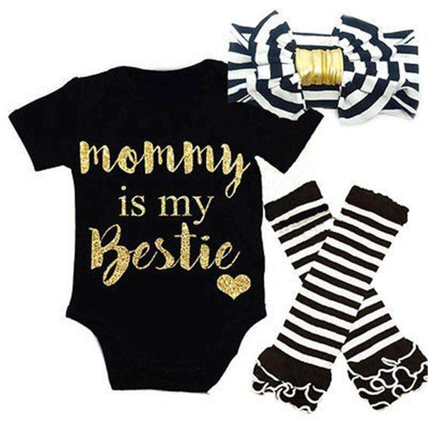 Baby Set Striped Newborn Baby Kids Girls Mommy Is My Bestie Black Headbands+ Rompers+Striped Leg Warmer Outfits Set 0-18 M-4-6 months-JadeMoghul Inc.