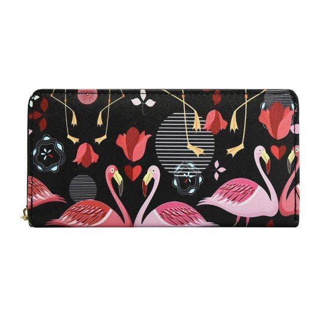 Badiya Women's Flamingo Floral Print Fashion Long Purse Large Capacity Clutch Phone Bag PU Leather Ladies Card Holder Wallets-Black 1-JadeMoghul Inc.