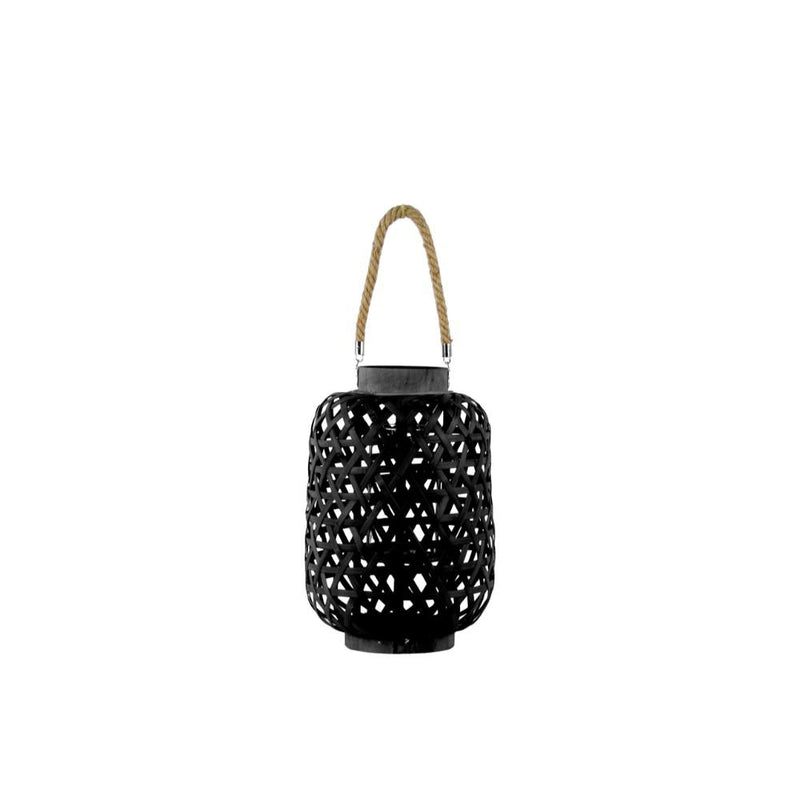 Bamboo Round Lantern with Criss Cross Cutouts and Hemp Rope Handle, Black-Home Accent-Black-Bamboo-JadeMoghul Inc.