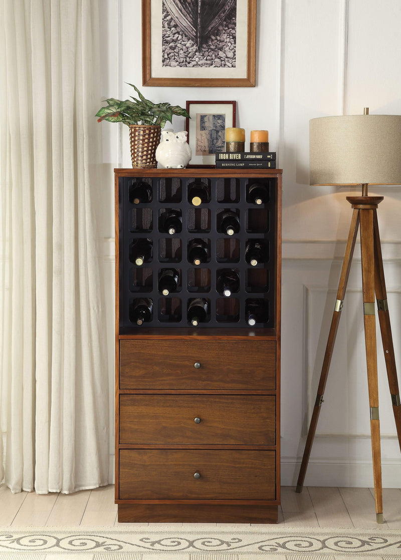 Wooden Wine Cabinet with Wine Bottle Rack and Three Drawers, Brown and Black