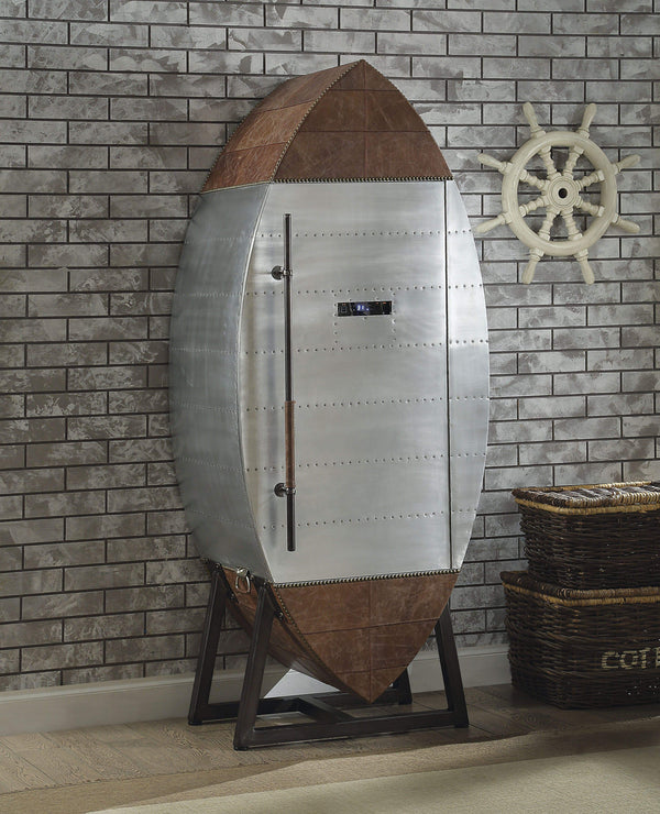 Wooden Wine Cooler Cabinet with Patchwork Aluminum Door, Retro brown & Silver