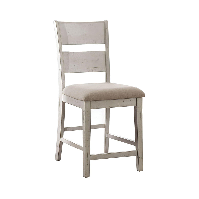 Bar Chairs Solid Wood Counter Height Side Chair with Fabric Upholstered Seat, Beige and White, Pack of Two Benzara