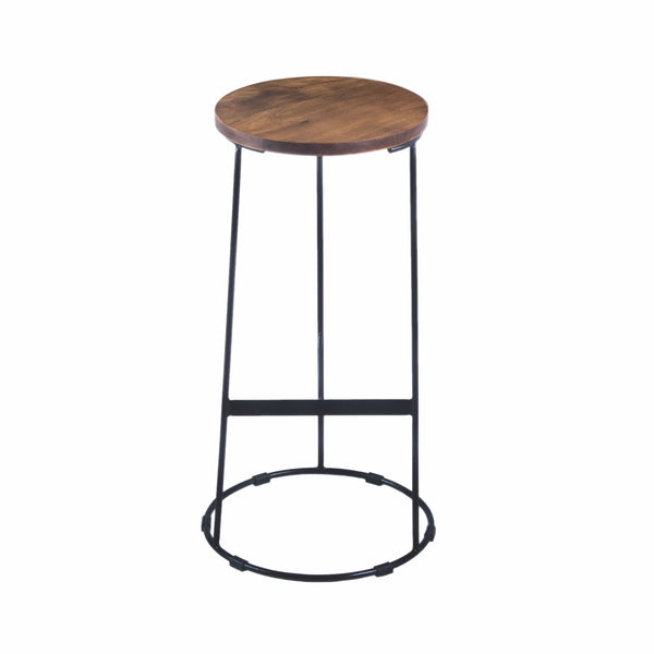 Bar Stools Round Iron Base Bar Stool With Acacia Wood Seat, Brown and Black Benzara