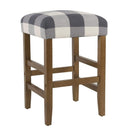 Bar Stools & Tables Square Wooden Counter Stool with Buffalo Plaid Fabric Upholstered Seat, Blue and White Benzara