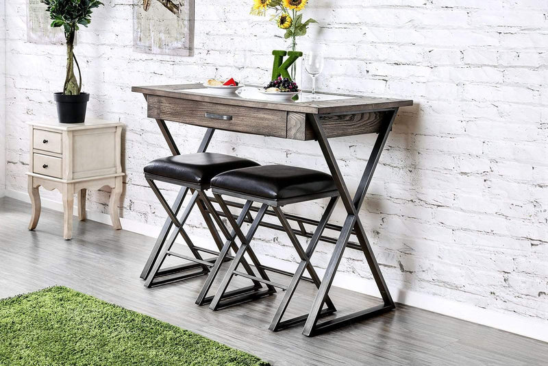 Wood and Metal Bar Table With Storage Drawer and Inserted Glass, Gray and Brown